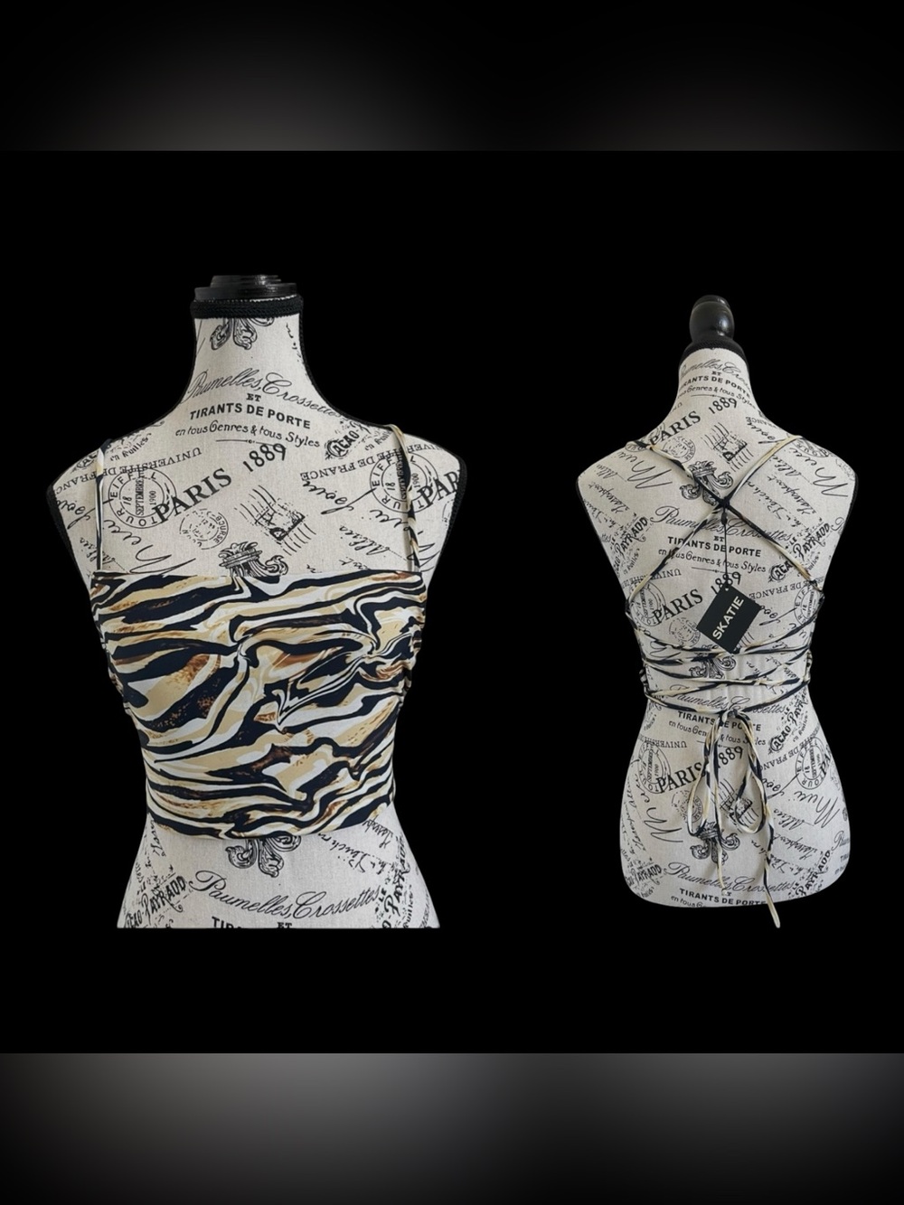 SKATIE Marble Print Bandeau Bikini Top Small Wrap Tie Back Animal Print NWT